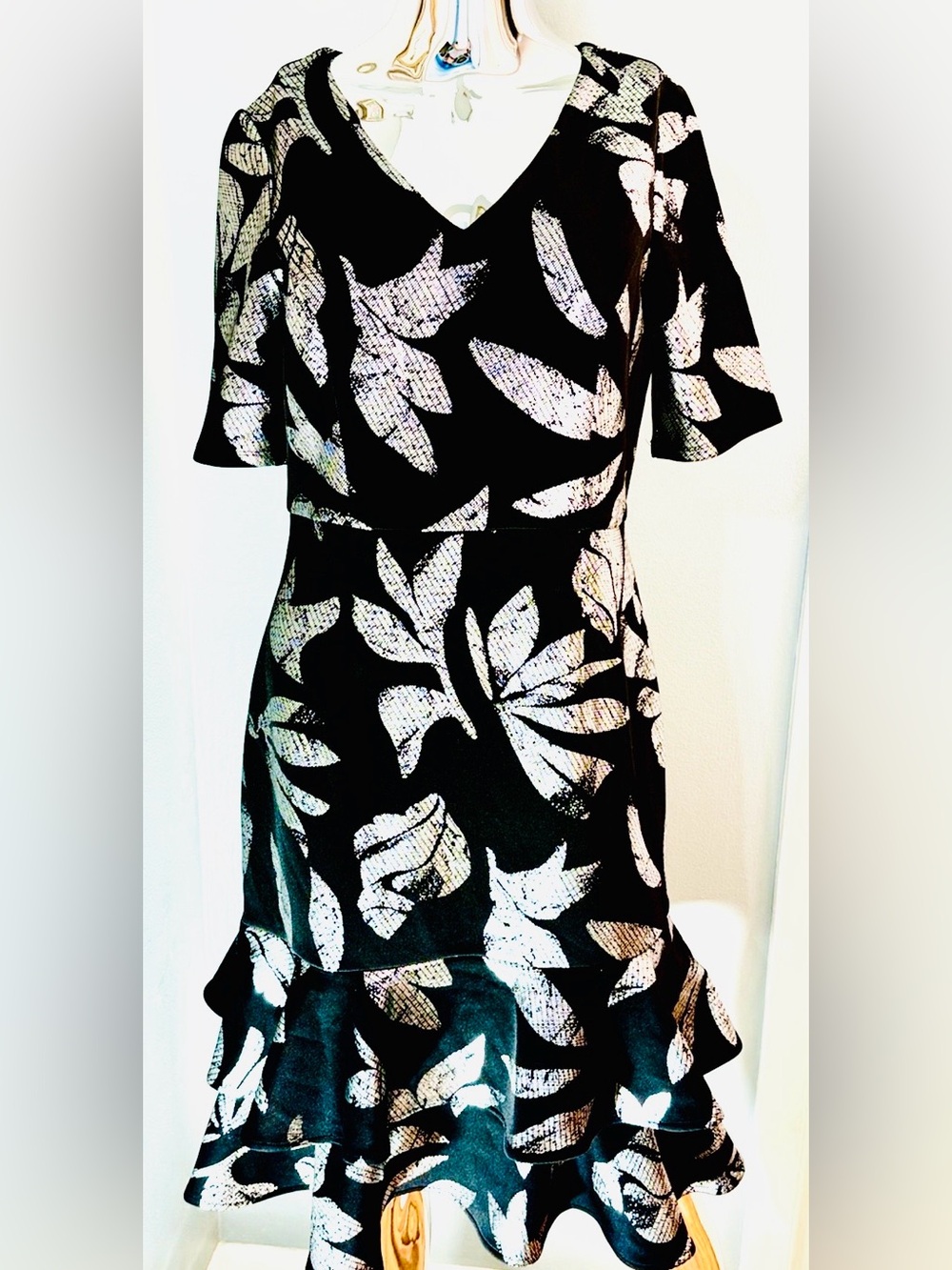 Glamour Black Dress with Silver Metallic Leaf Print and Ruffle Hem